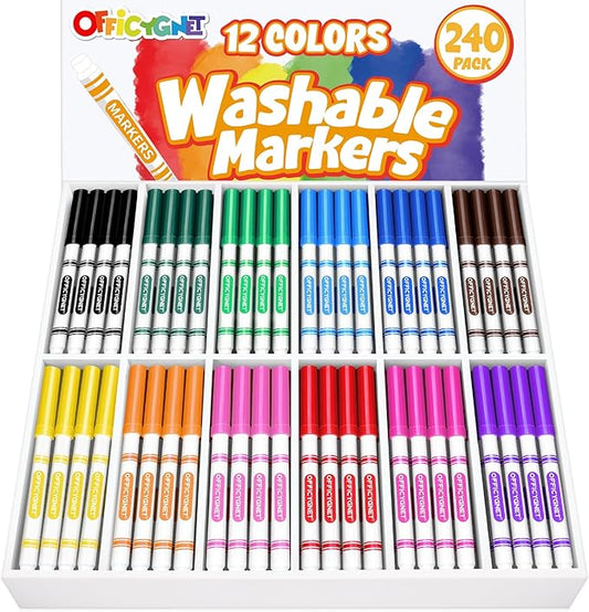 Officygnet 240 Count Washable Markers Bulk, 12 Assorted Colors, Conical Tip with Fine & Broad Line Coloring Marker for Kids, Markers Bulk for Classroom, School Art Supplies, Back to School Essentials