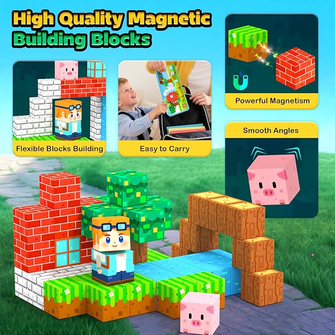 Magnetic Blocks Kids Travel Toys with Portable Metal Tin – Montessori Building Blocks STEM Magnet Magnetic Tiles Toddler Kids Toys for 3+ Year Old Boys & Girls, Classroom Must Haves Creative Gift