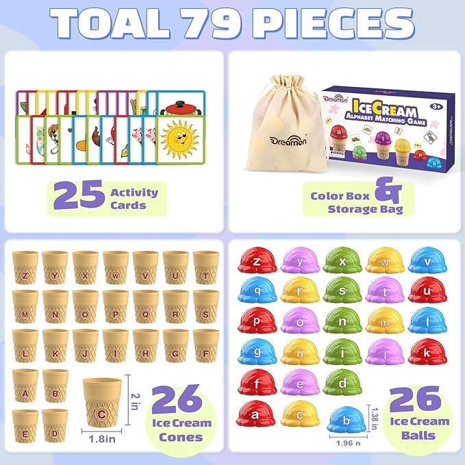 Ice Cream Color Sorting Toys for Toddlers, Montessori Learning Toys with ABC Letter Recognition Flash Cards for Preschool Kids (Alphabet)