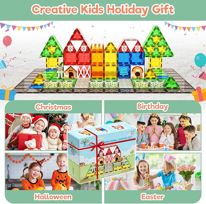 Magnetic Tiles Toddler Toys Garden Farm Animal Set, Magnetic Blocks Montessori Sensory Educational Learning Building Magnet Toys for 3 4 5 6 Year Old Boys Girls, Kids Games Party Birthday Easter Gifts