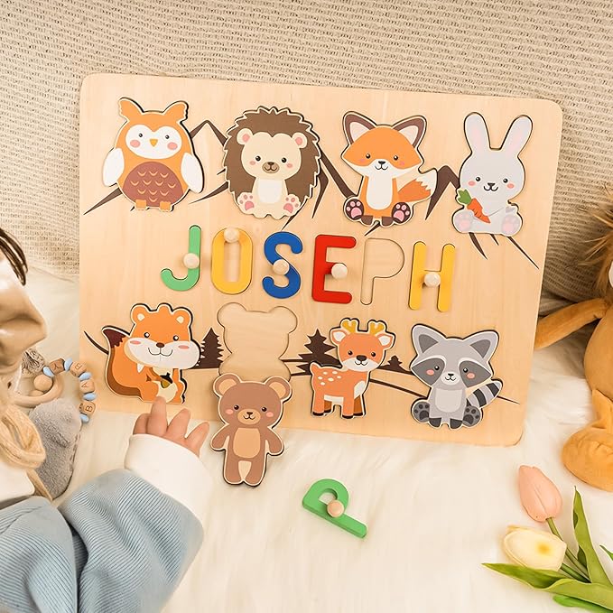 Personalized Name Puzzle for Kids, Custom Baby Gifts for Toddler 1-3, Customized 1st Birthday for Girls & Boys Wooden Animal Puzzle Montessor Toys for Kids