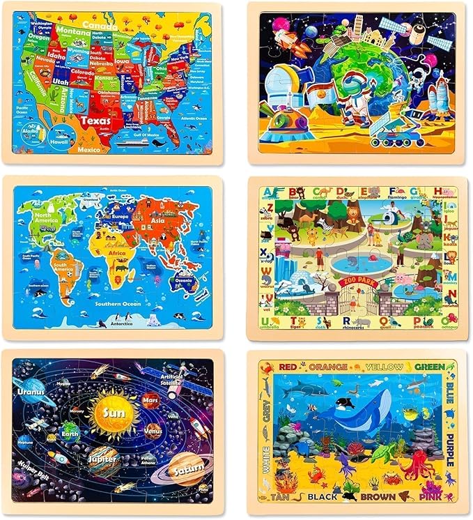 Wooden Puzzles for Toddlers 3 5, 6 Packs 24Pcs Solar System Wooden States World Map Kids Puzzles Ages 4 8, Preschool Educational Brain Toys Gifts for Boys and Girls 2 4 3 5 Year Old