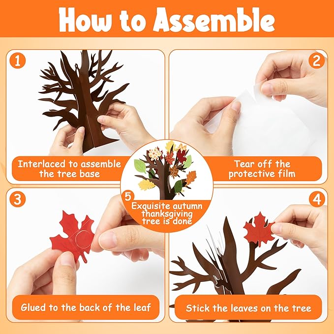 WATINC Fall Thankful Trees Craft Kits for Kids, Autumn Maple Oak Leaves Make Your Own DIY Thanksgiving Trees Decoration Thankful Craft Kit Supplies Home School Fun Activities for Kids (48PCS)