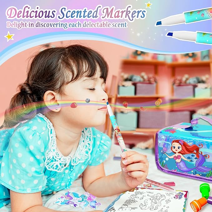 weirtoya 56 PCS Washable Scented Markers Set with Glitter Pencil Case, Mermaid Unicorn Arts and Crafts for kids 4-6-8 Kids Coloring Drawing Kits for 4-8 Years Old Girls Birthday Gifts