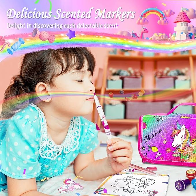 weirtoya 56 PCS Washable Scented Markers Set with Glitter Pencil Case, Mermaid Unicorn Arts and Crafts for kids 4-6-8 Kids Coloring Drawing Kits for 4-8 Years Old Girls Birthday Gifts