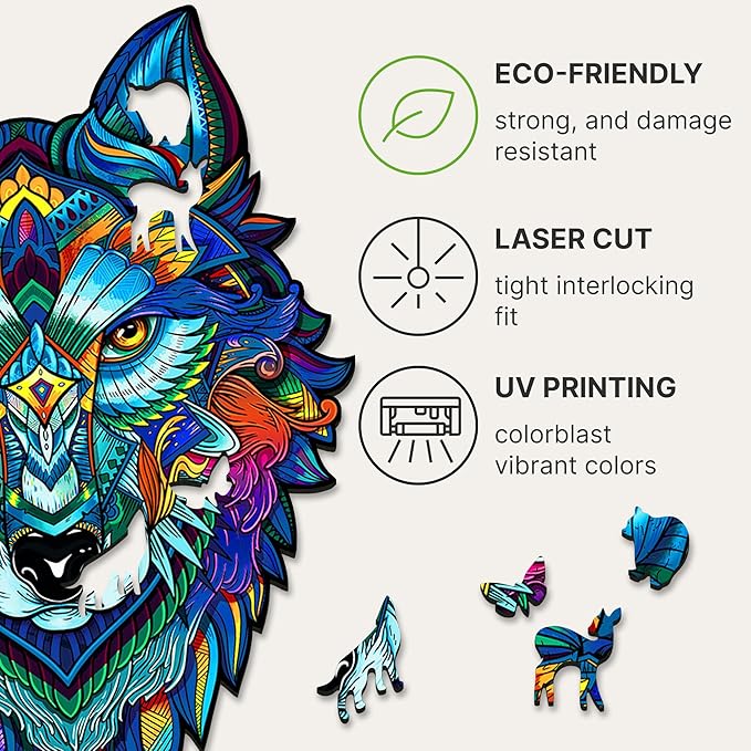 UNIDRAGON Wooden Puzzles for Adults Unique Jigsaw Puzzles - Small Majestic Wolf Small 6.7" х9.5 99 PCS Deko with Cut 0.03 mm Wood Accuracy Animal