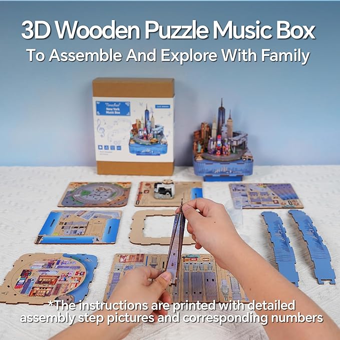 Tonecheer Wooden Music Box Puzzle for Adults,DIY Rotating Music Box Kit 3D Creative Musical Puzzle Crafts Model Building Kits Desk Decor for Teens Kids Birthday Gift (New York Music Box)
