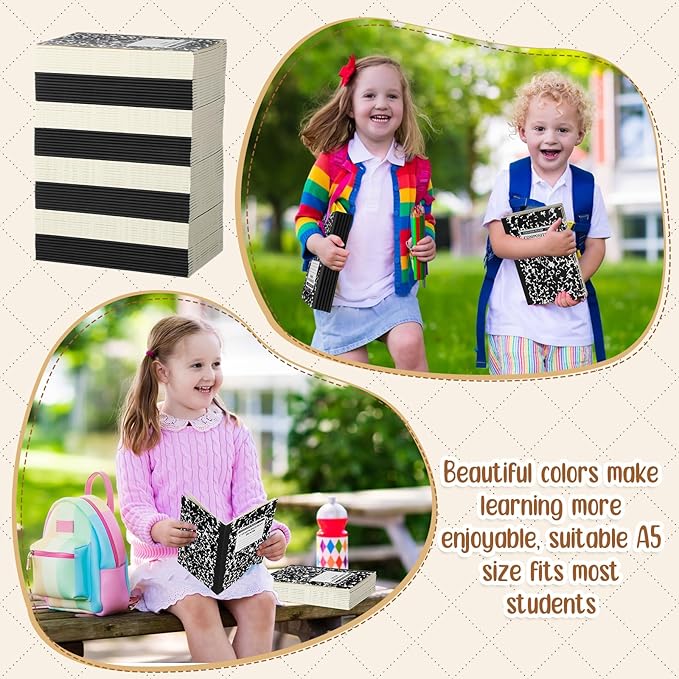 Fainne 100 Pack A5 Composition Notebooks Bulk College Ruled Composition Notebooks Marble Covers Notebook for Student Classroom Office Supplies 30 Sheet/60 Page(Black)