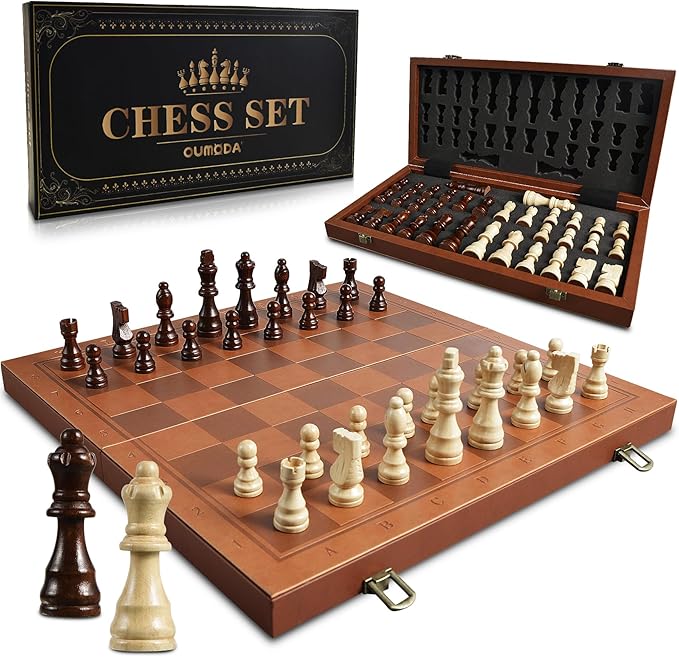 Magnetic Chess Set for Adult Kid, 15.4" Leather Chess Board with Handmade Chess Piece Including 2 Extra Queens and Storage Slot, Folding Portable Travel Chess Game for Beginner and Professional