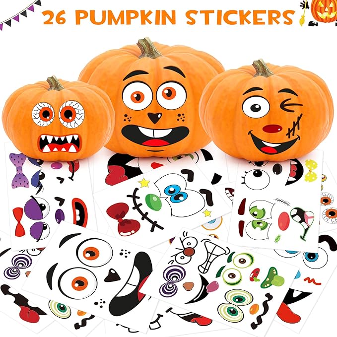 BainGsek 26 Pack Halloween Decoration Stickers, 56 Fun and Classic Pumpkin Face Stickers, Pumpkin Painting Craft Kit, Halloween Party Gift to Kids Decorations to Make Jack O Lantern Face Decal