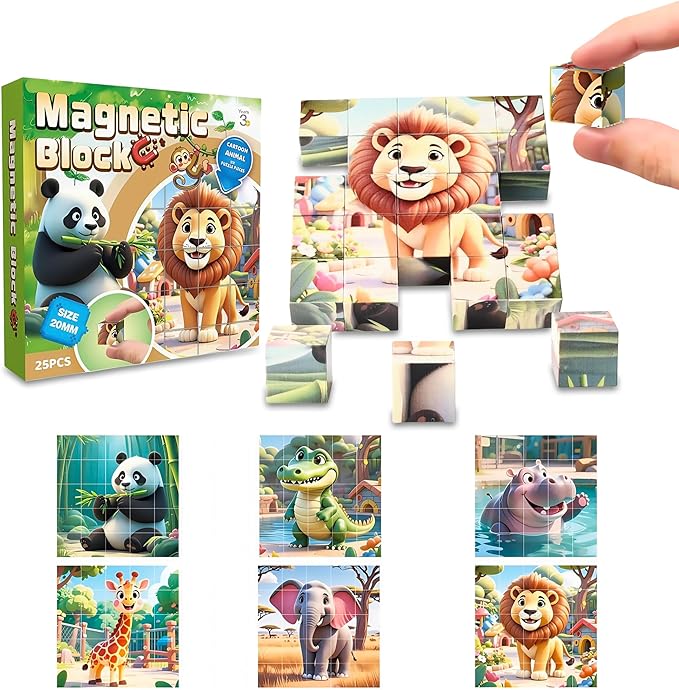Magnetic Blocks Building Toy,Ritastar 25pcs Mine Stacking Magnet Build Cubes Cartoon Pattern World,STEM Sensory Construction Toys for Kids Gift,Educational Jigsaw Puzzle Set with 3D Zoo Animal Designs