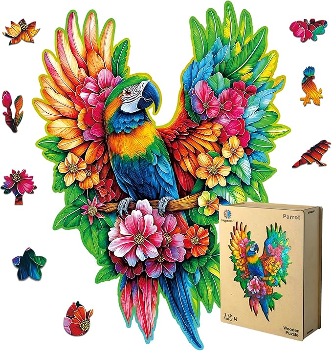 Wooden Puzzles for Adults Floral-Winged Parrot Puzzle - Laser-Cut Unique Shaped Stress Relief Jigsaw Puzzle, Wall Art Home Decor Gift for Family (14.9"×11.1" 200pcs)