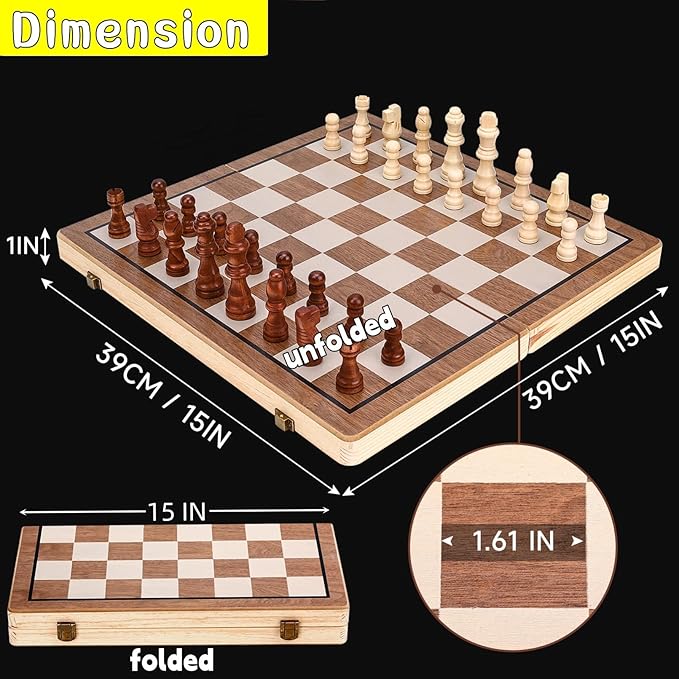 Chess Board Sets, 15 Inch Magnetic Chess Set for Adults & Kids, Checkers Board Game, Handmade Folding Chess Boards with 2 Extra Queens by Kiapeak