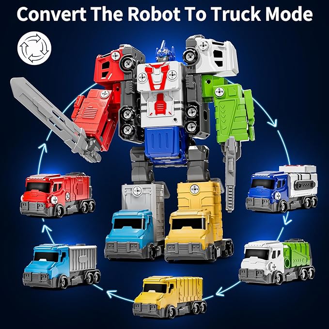 Toys for Ages 5-7, 5-in-1 Take Apart Vehicle Trucks Transform to Robot, 4 5 6 7 Year Old Boy Christmas Birthday Gift Ideas, Robot Toys with Light and Sounds for Kids 5-7