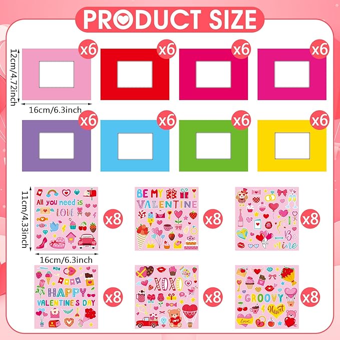 Jetec 48 Set Valentine's Day Picture Frame Craft Kits DIY Valentines Photo Frame Craft Gift with XOXO Heart Stickers for Valentine's Day Home Party Decoration School Classroom Activities