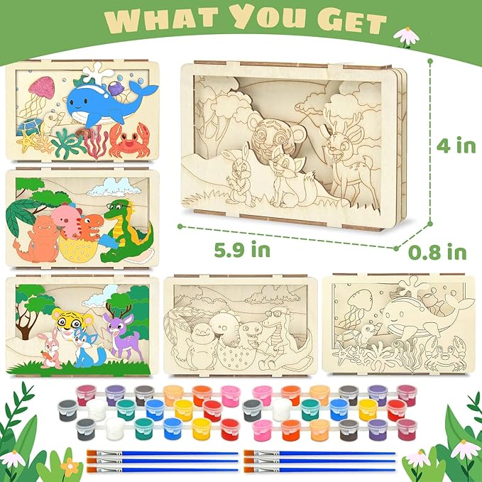 Vileafy 3D Wooden Painting Craft Kits for Kids 4-8 – DIY Arts & Crafts with Dinosaur, Ocean & Jungle Animals – Includes Individual Paints & Brushes for Party Favors and Classroom Prizes(3)