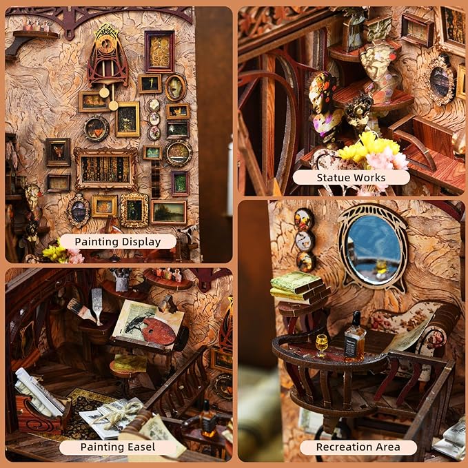 DIY Book Nook Kit for Adults, 3D Wooden Puzzle Bookend Bookshelf Insert Decor with LED Light and Dust Cover (Painter's Day at Dusk)