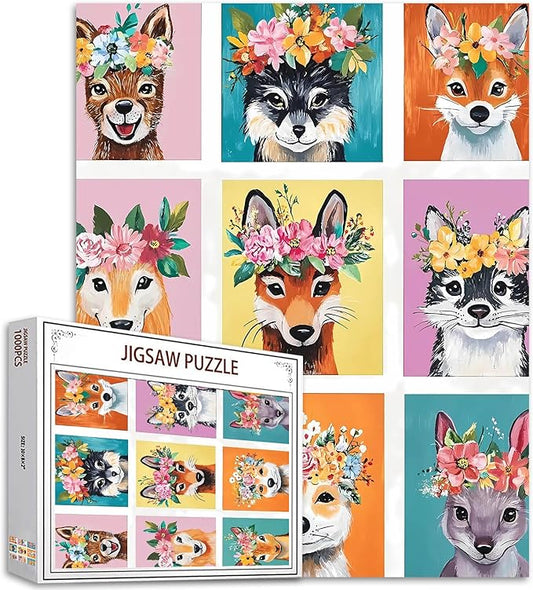 1000 Piece Jigsaw Puzzles for Adults Running Cute Animal Painting Jigsaw Puzzle Fox with Floral Crown Puzzles for Challenging Family Activity Wildlifer Art Puzzle Wall Decor Boho Gift (Colorful)