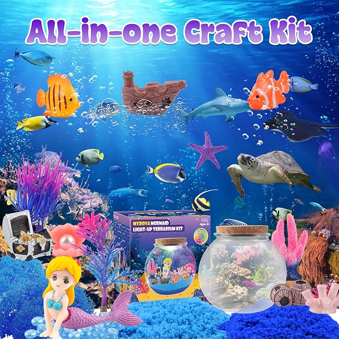MYDOVA Mermaid Terrarium Craft Kit for Kids Girls - LED Night Light Up & Remote Mermaid Birthday Gifts Toys for Girls Age 6 7 8 9 10 11 12 Year Old Best Birthday DIY Arts and Crafts Kits