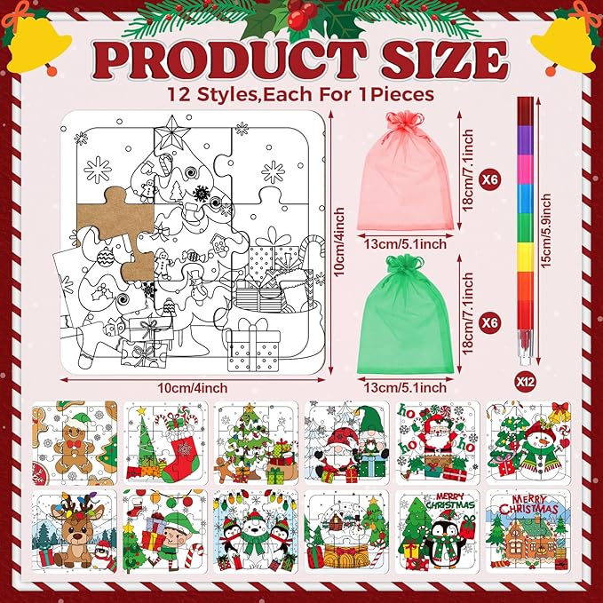 12 Sets Christmas Puzzles Color Your Own Puzzles DIY Jigsaw Crafts with 12 Stackable Crayons and 12 Bags for Learning Education Toys Gifts Prizes Birthday Party Supplies(12, Christmas)