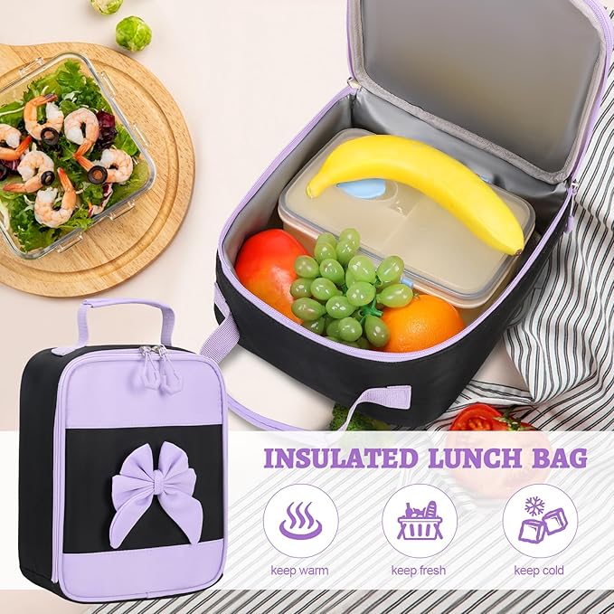 Backpack for Girls, 3PCS Girls Backpack for School with Lunch Bag Pencil Case, Cute Kids Teens Bookbag for Kindergarten Elementary Preschool Middle School (Black-Purple)