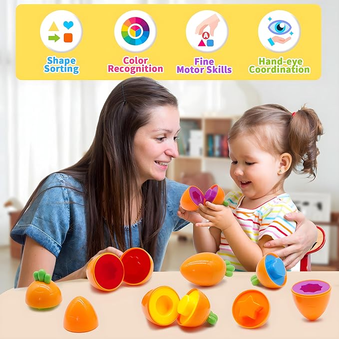MOONTOY 12PCS Toddler Carrot Matching Eggs Easter Toys for 1 2 3 Year Old Party Favors Educational Shape Sorter Montessori Sensory Preschool Classroom Easter Gifts for Kids Easter Basket Stuffers