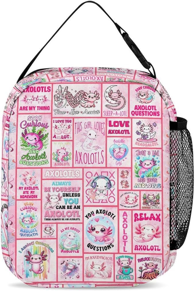 Axolotl Lunch Box - Cute Reusable Axolotl Lunch Bag for Women Men Kids - Small Portable Foldable Insulated Lunchbox for School Work Picnic