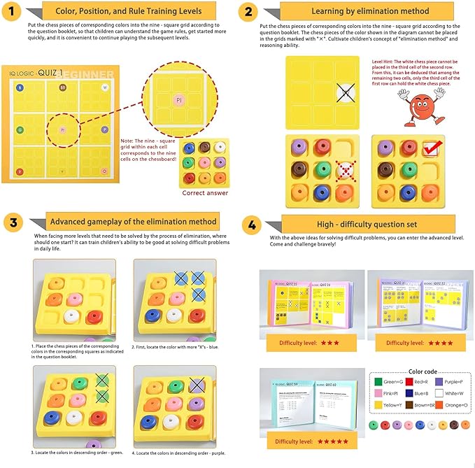 9-color puzzle game, IQ Logic positioning for kids Ages 3 and Up. Travel game for car. STEM toys with 60 sets of questions beginner to advanced levels. Educational Strategy board game as gifts for kid