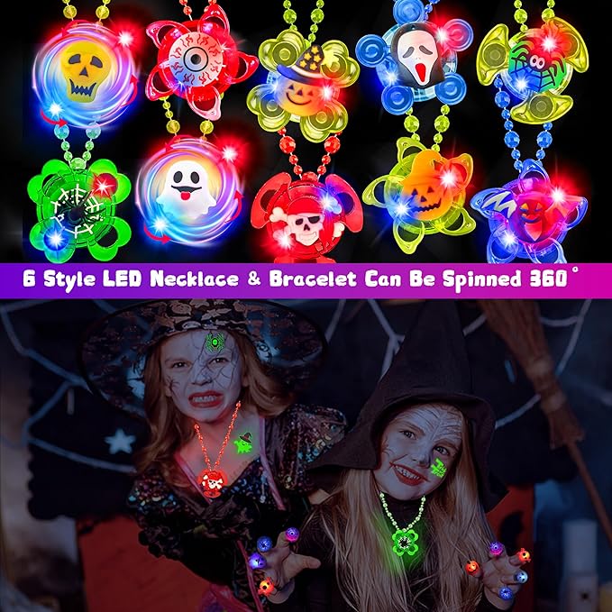 78 PCS Halloween Party Favors for Kids, Halloween Glow in The Dark Toys Bulk Light Up Rotating Necklaces Bracelet LED Rings Halloween Treats for Classroom Prizes Goodie Bag Fillers Trick or Treat Toy