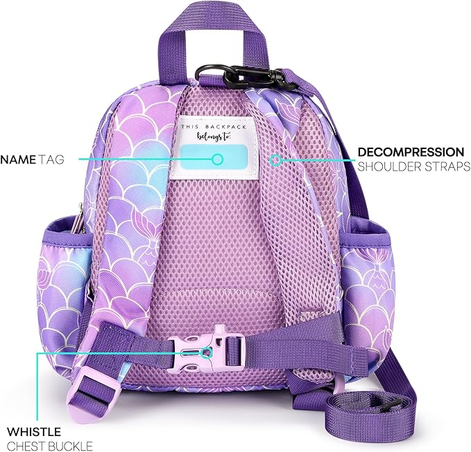 mibasies Backpack Leash for Toddlers 1-3: Baby Backpack for Girls with Anti-Lost Harness - Mermaid Purple