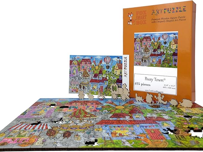 Wooden Puzzle for Adults - Uniquely Shaped Pieces - Made in The USA by FoxSmartBox - 425 Pieces - Busy Town