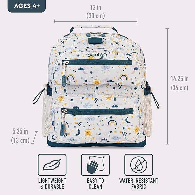Bentgo Kids Backpack - Lightweight 14” Backpack in Fun Prints for School, Travel, & Daycare, Ideal for Ages 4+, Roomy Interior, Durable & Water-Resistant Fabric, & Loop for Lunch Bag (Friendly Skies)