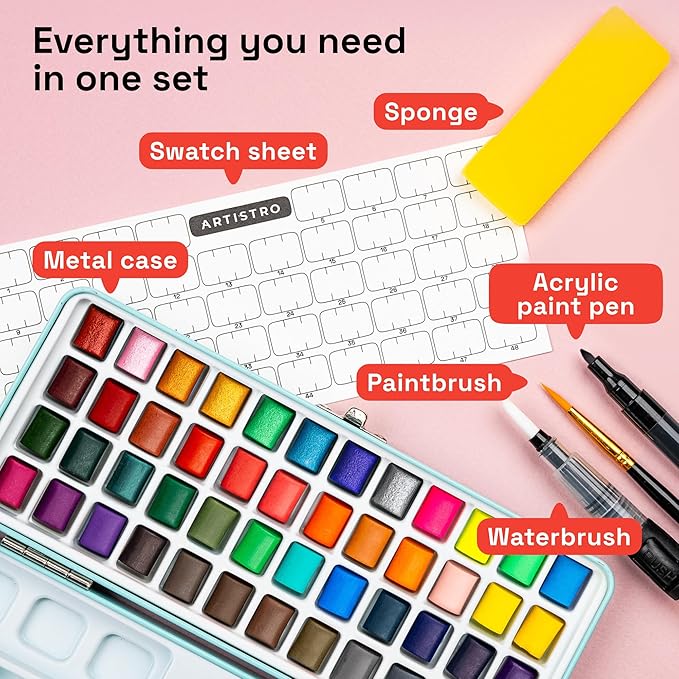 ARTISTRO Watercolor Paint Set Portable, Palette Set with Metallic Colors for Workbooks - Mini Travel Painting Kit for Artists, Professionals, Adults, Kids, Girls&Boys - Art Supplies, Christmas Gift