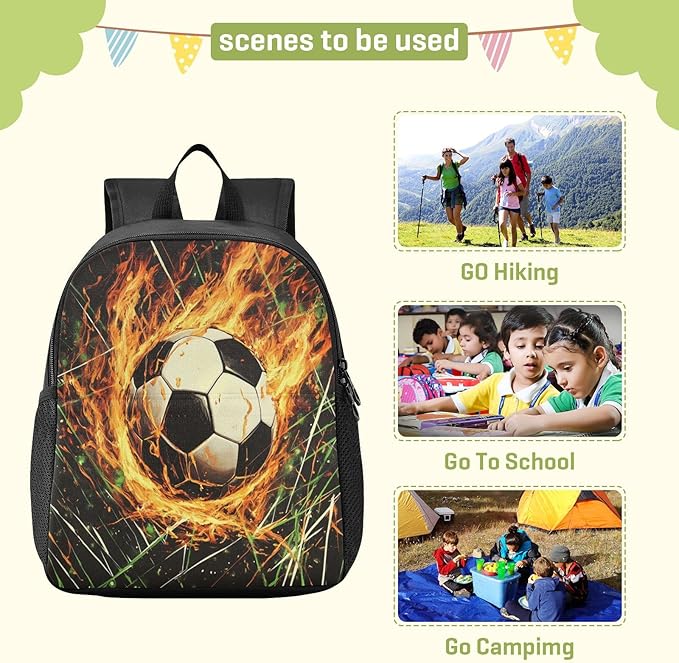 Soccer Ball Fire Toddler Backpack for Boys Girls 3-6 Small Preschool Backpacks for Kids Elementary Mini Bookbag for Preschool for Travel