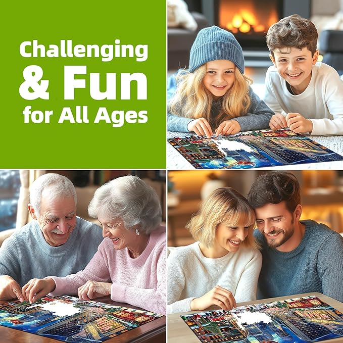 Blueforest Christmas Jigsaw Puzzle 1000 Pieces for Adults - 27.5x19.7 Inches City Night Scene with Santa Sleigh, Challenging Fun Adult Puzzles Home Decor