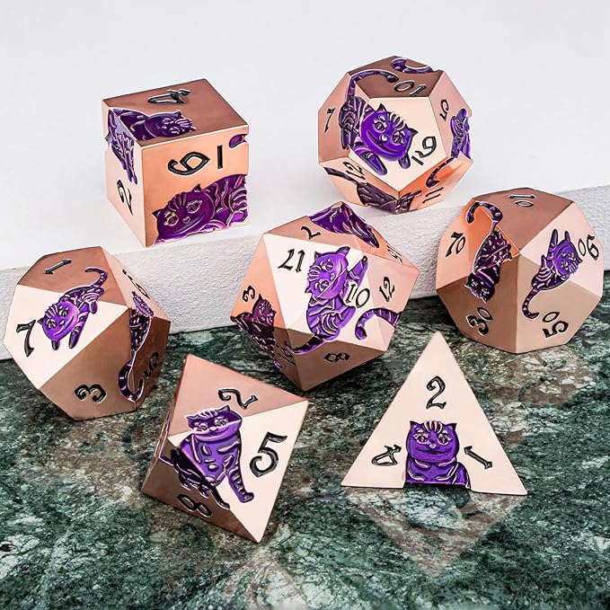 Metal DND Cat Dice 7PCS Polyhedral RPG Dice Set with Gift Case for Dungeons Dragons Role Playing Game, D and D Dice D6 D8 D10 D12 D20 D% (Copper Purple)