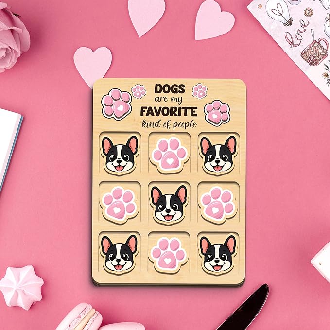 Personalized Dog XO Board Game, Personalized Cute Dog Wooden Noughts and Crosses Game, Pet Table Decor Road Trip Travel Game for Family (Dog 2)