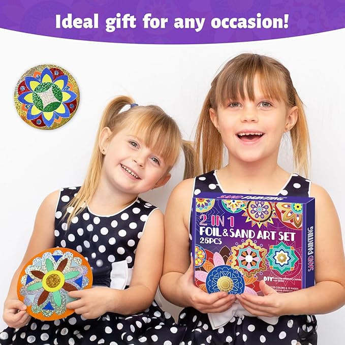 Foil Fun & Sand Art Kit for Kids, 2 in 1 Mandala Foil Arts and Sand Painting Pictures Coloring Kits, DIY Crafts Gifts for Girls and Boys Ages 4-8