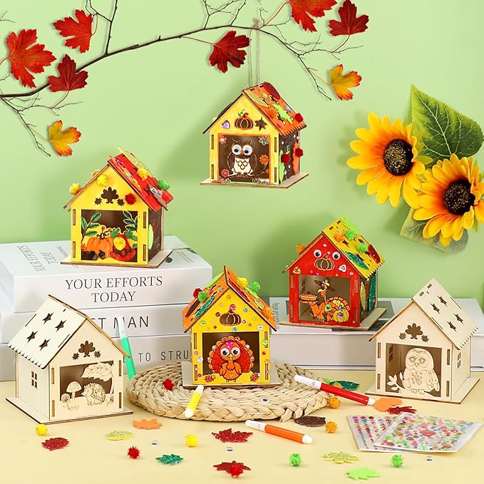 12 Thanksgiving Fall Crafts Wooden House for Boy, Girl & Adult, Fall Activities Kit DIY with Paint Pen Pumpkin Turkey Owl, Thanksgiving Arts and Crafts for Classroom Party Favors & Gift Supplies Bulk