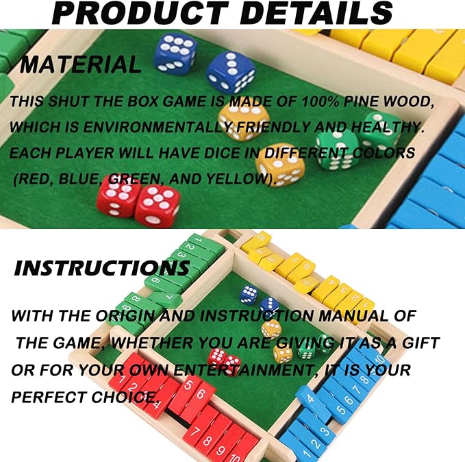 Shut The Box Game, 1-4 Players, Classic 8Dice Closed-Box, Improves Mathematical Skills, Suitable for Families, classrooms, and Gatherings (8.66 inches, Vibrant Colors)