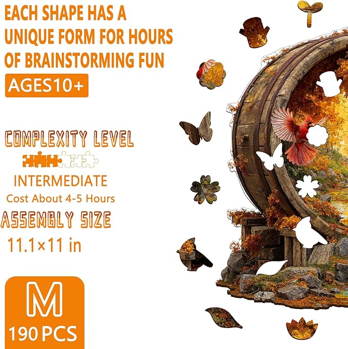 Wooden Puzzles for Adults, Scenery in Barrel Wooden Jigsaw Puzzle, Unique Shape Wood Puzzles Adult, Presents for Women and Men, Wall Art Home Decor (M-11.1 * 11in-190 Pieces)