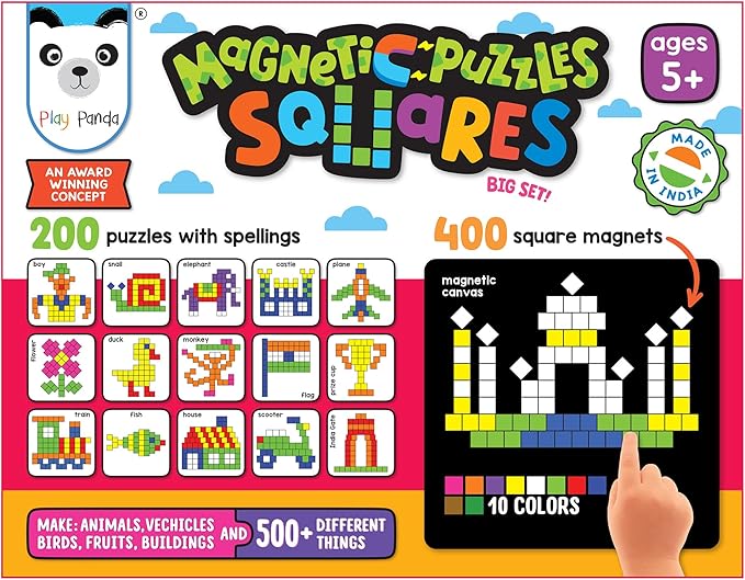 Magnetic Tangram Puzzles Toys for Kids | 400 Magnet Squares Shapes with 200 Patterns Booklet, Board & Display Stand | STEM Educational and Learning Games for Ages 4 5 6+ Years|Gifts for Girls & Boys