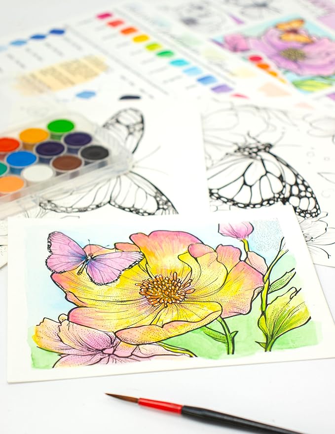 Flutterby Watercolor Kit – 4 Butterfly Pre-Printed Painting Projects for Artists, Beginners, or Groups - Includes 140lb Paper, Paint, Brush & Guide – Perfect for Travel or Home DIY Art
