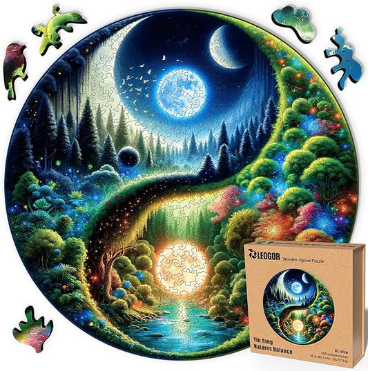 LEOGOR Wooden Puzzles for Adults 500 Pieces (18 x 17.8 in), Extra-Thick 5mm Round XL Wood Jigsaw, Yin Yang Puzzle, Unique Whimsical Pieces, Challenging, Fun & Beautiful Gift for Puzzle Lovers