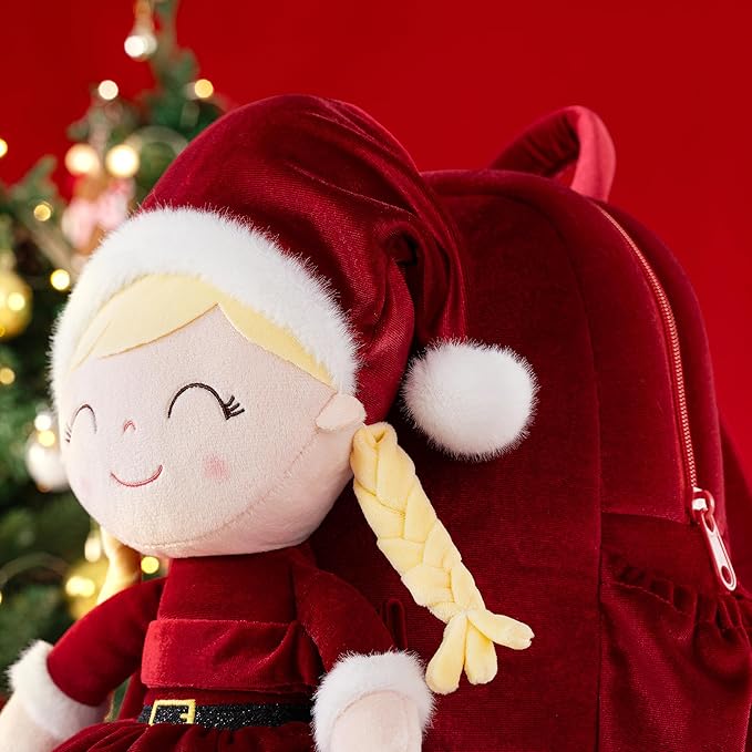 Gloveleya Plush Backpacks Toddler Backpack Removable Doll and Backpack Christmas Gifts Baby Girl Gift For 2 to 8 Years Girl Birthday Gifts With Red Doll 11”