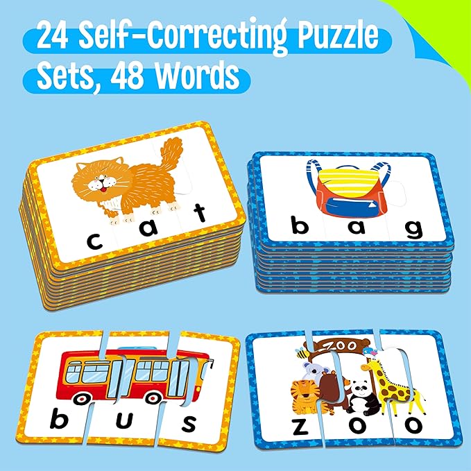 24 Set 3-Letter Word Puzzle Cards, 72 PCS Self Correcting Word Spelling Puzzles, Double Sided Puzzle Cards for Kindergarten Preschool Learning