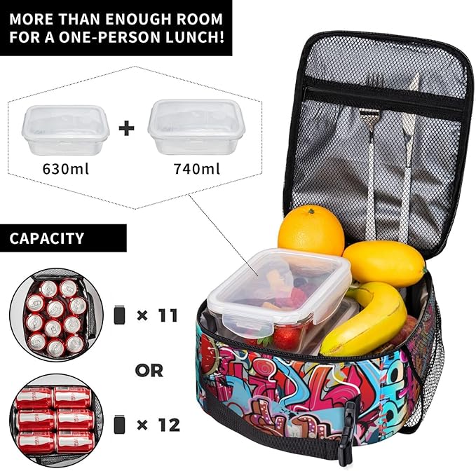 Graffiti Wall, Hip Hop Art Reusable Lunch Box Food Bag Insulated Lunch Bag