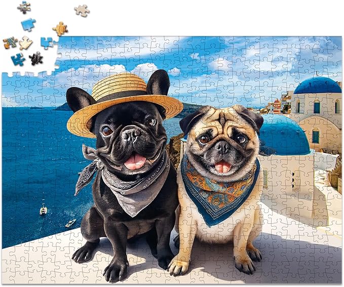 500 Piece Jigsaw Puzzles for Adults and Teens and Kids Family Time Toys Dogs in Santorini Island (Vacation)