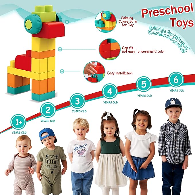 Soft Building Blocks STEM Montessori Preschool Learning Stacking Sensory Toys, Large Construction Block Set, Rubber Blocks 12-18 Months Block Bag with 42 Pieces and Storage