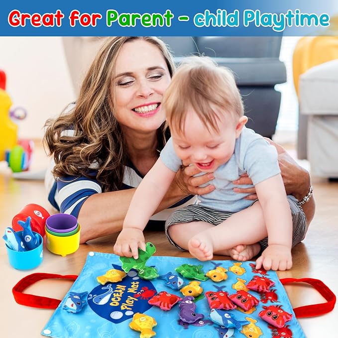 Toddler Toy Montessori Toys for 1 Year Old Boy Girl Birthday Gifts, Cloth Fishing Game for Toddlers 1-3 with Stacking Cups-Number Counting, Shape Learning, Sensory Baby 6-12 Mths